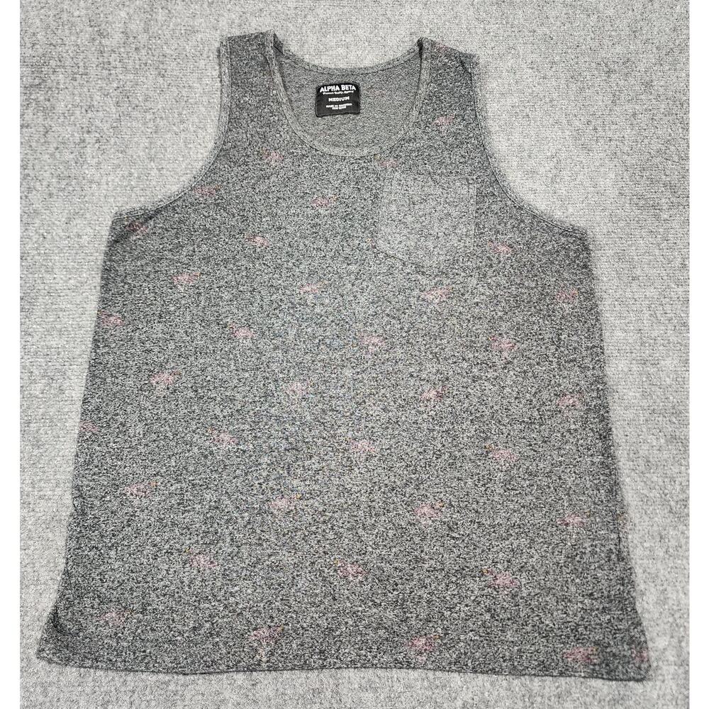 Alpha Beta Tank Top Mens Medium M Heather Charcoal Gray Pink Flamingo Pocket